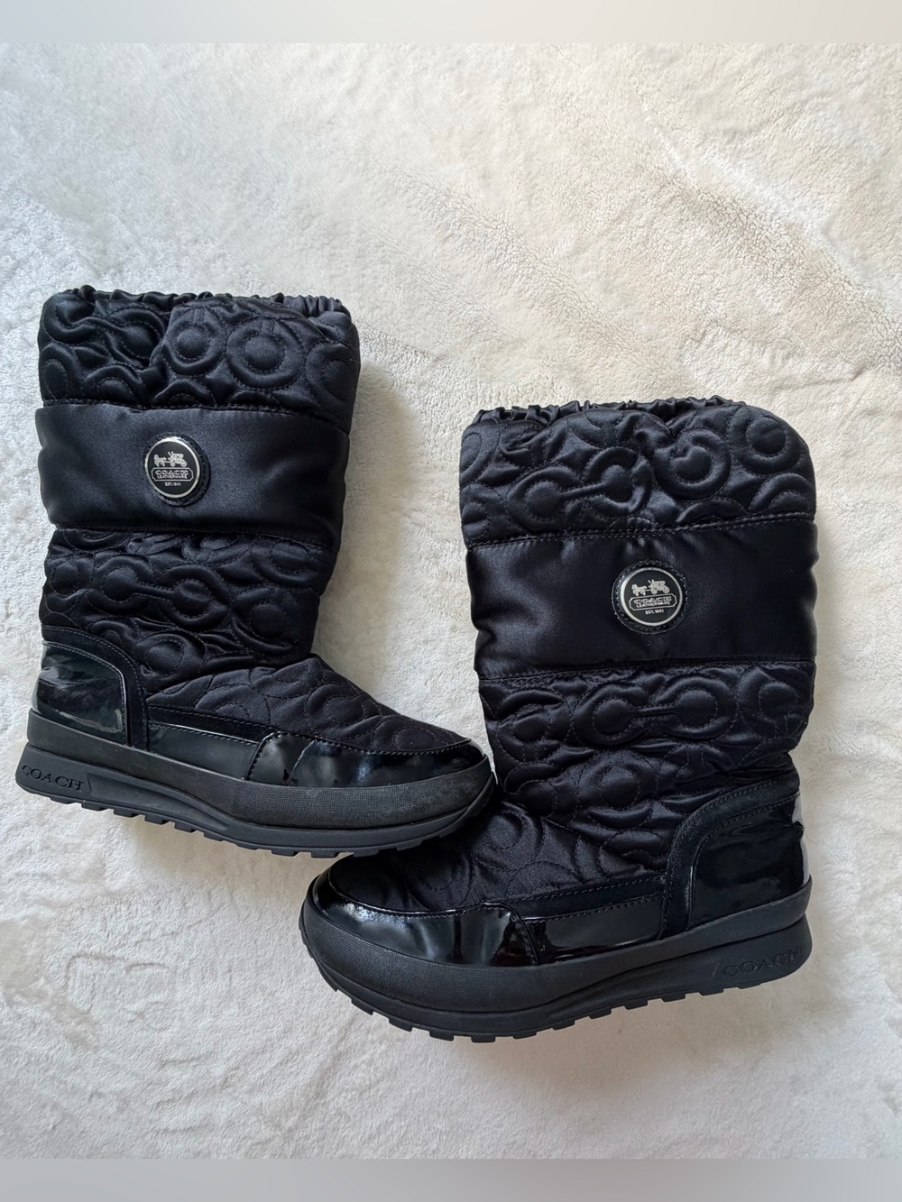 COACH Drexel Boots Size 9B Black Patent Leather & Signature Fabric w/Emblem